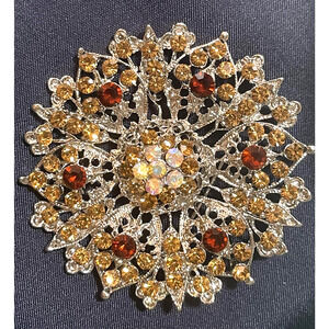 Starburst Gold & Red Glassl Rhinestone Flower Brooch Pin Costume Statement